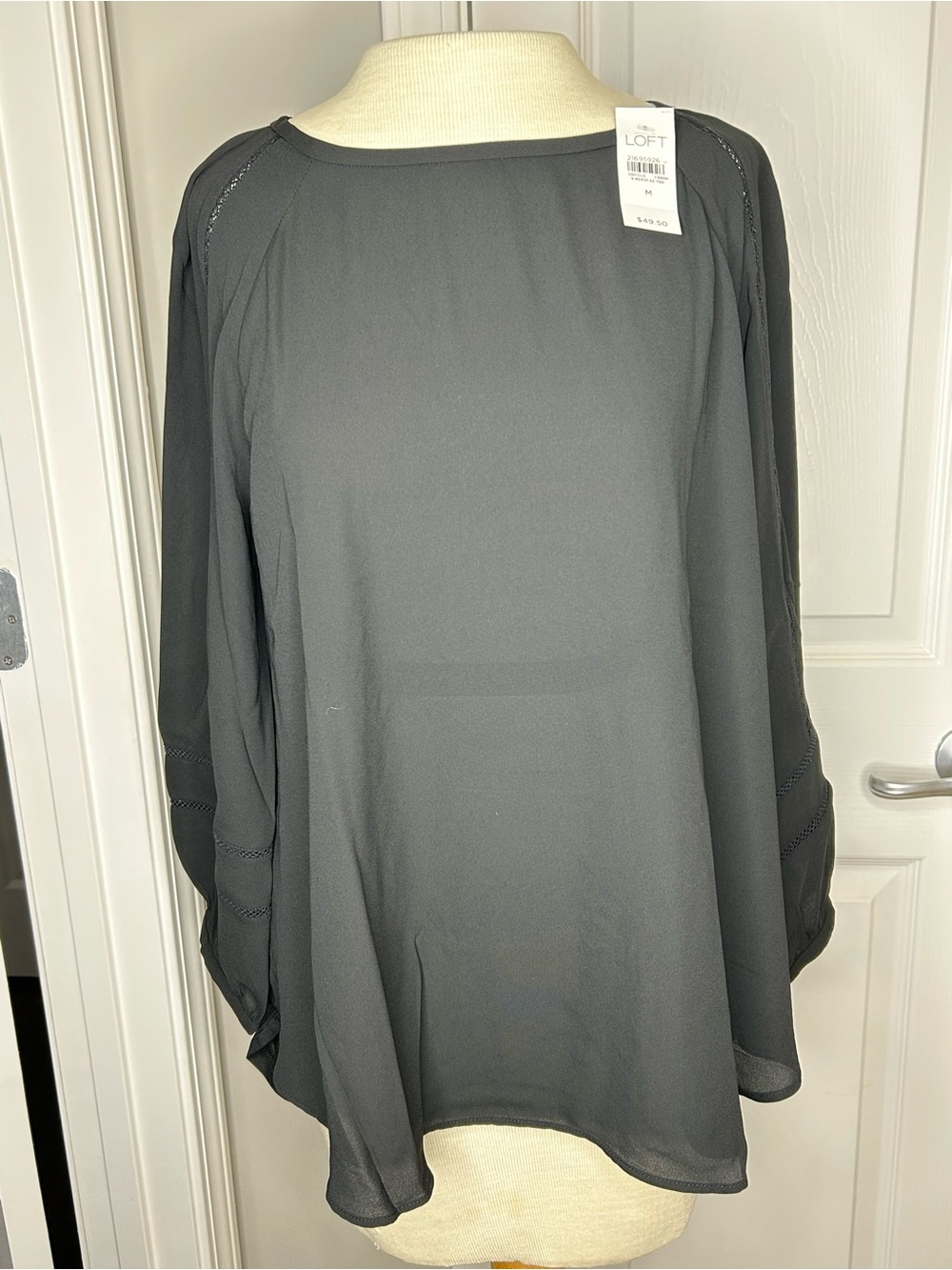 LOFT Black Sheer Blouse Crochet Trim 3/4 Sleeve Size M NWT